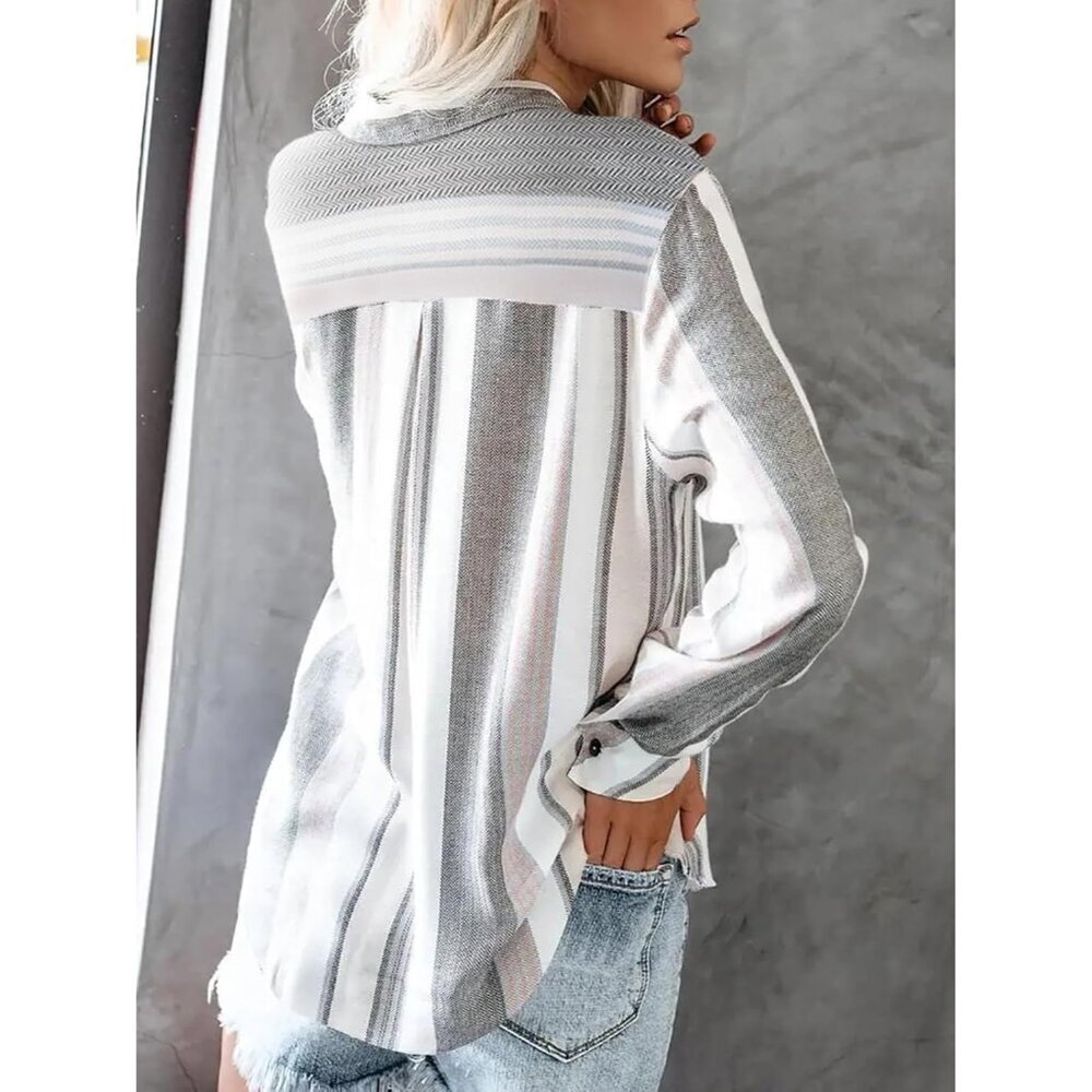 Women's Striped Linen Cotton Long Sleeve Button Down Blouse Casual Chic - Picture 2 of 4